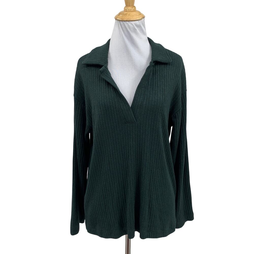 Madewell Polo Tee Womens S Small Hunter Relaxed Long Sleeve Rib Knit Long Sleeve